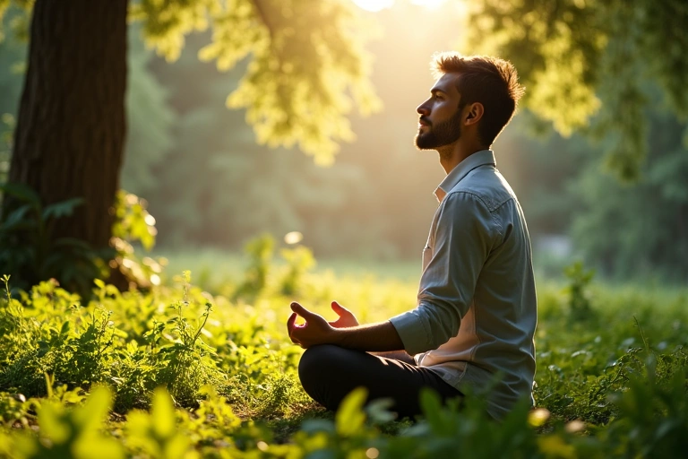 A serene image of a man meditating in nature, symbolizing natural health and vitality.