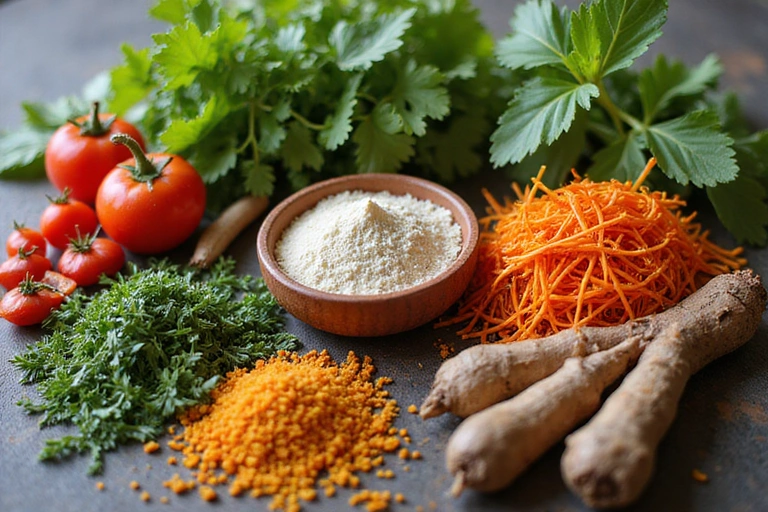 A vibrant array of natural herbs and plants, symbolizing holistic health and natural ingredients.