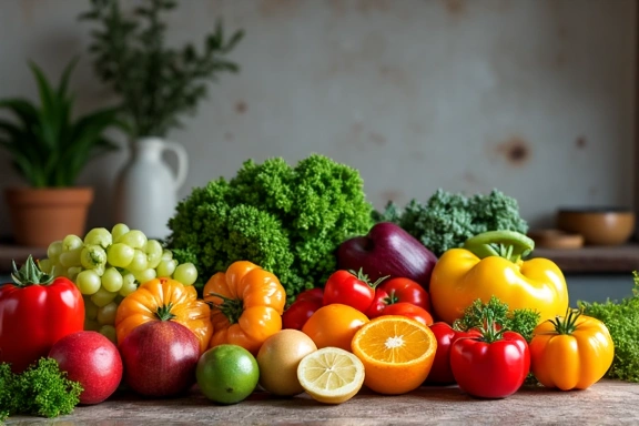 Fresh fruits and vegetables on a kitchen counter