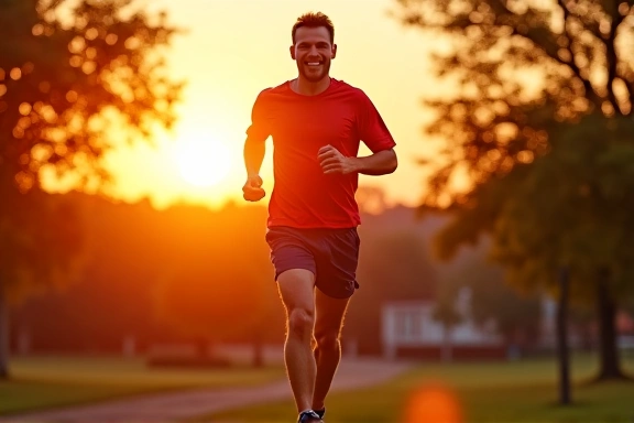 Man jogging in a park at sunset