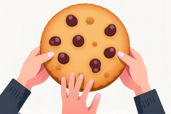 Illustration of a person's hand holding a large cookie and another hand reaching for it, symbolizing cookie consent and user control.