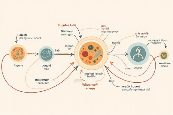 Abstract infographic of cellular energy production and nutrient absorption pathways