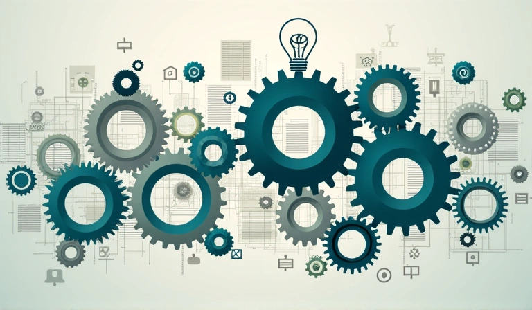 Abstract representation of intellectual property rights, featuring gears and legal documents